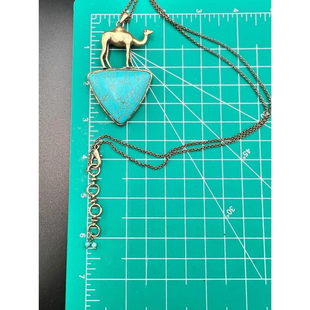 Vtg‎ Brass Tone Camel Faux Turquoise Triangle Pendant Necklace 24